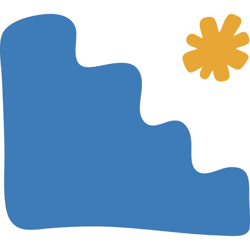 A large blue abstract shape sits in the foreground against a white background with a small yellow flower-like sun in the upper right.