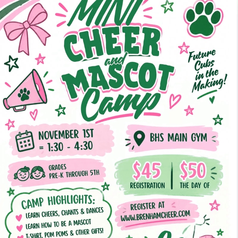 A colorful flyer for a "Mini Cheer and Mascot Camp" features green and pink text and graphics in the foreground against a plain white background.