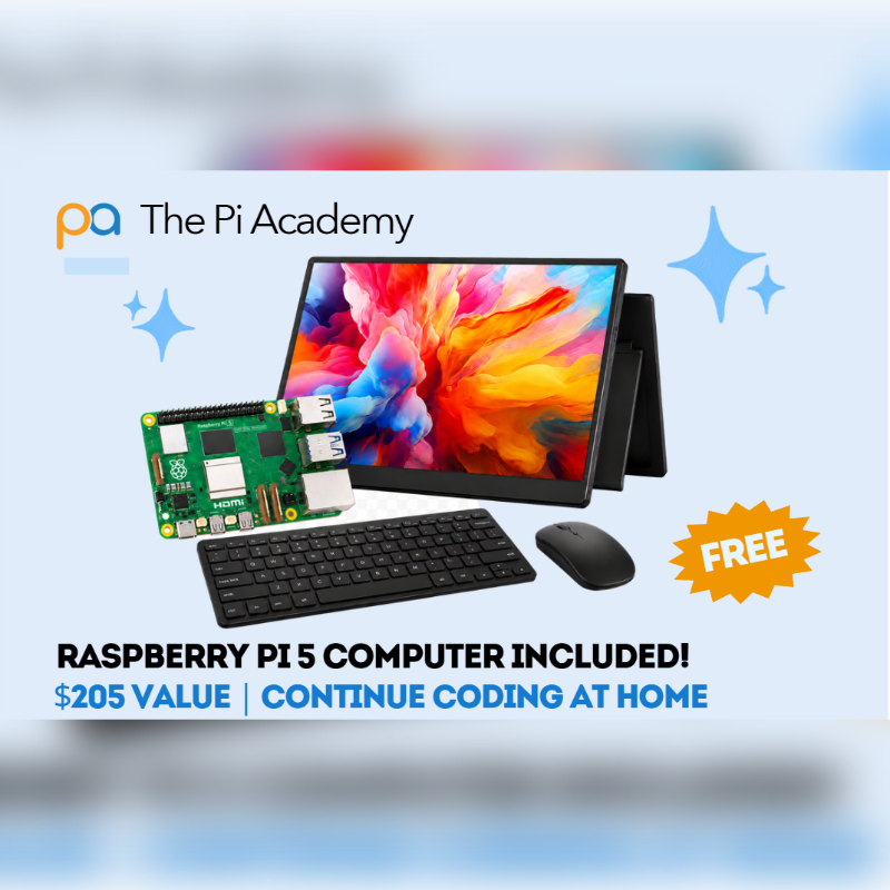 A Raspberry Pi 5 computer, keyboard, mouse, and monitor are displayed in the foreground against a light blue background with sparkling accents and text promoting "The Pi Academy."