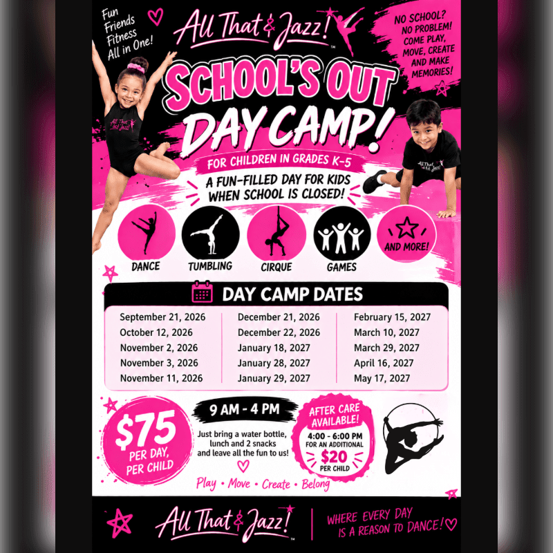 A promotional flyer for a children's day camp features two energetic kids in the foreground against a vibrant pink and black background filled with event details and activity icons.