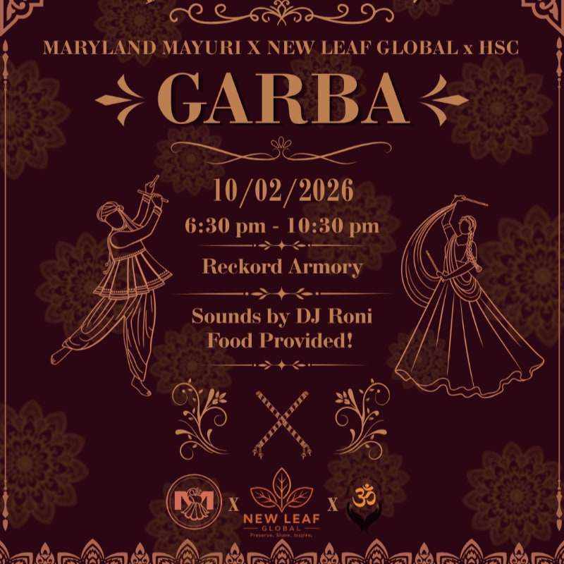 Gold text and line drawings of Garba dancers occupy the foreground against a dark maroon background adorned with subtle mandala patterns.