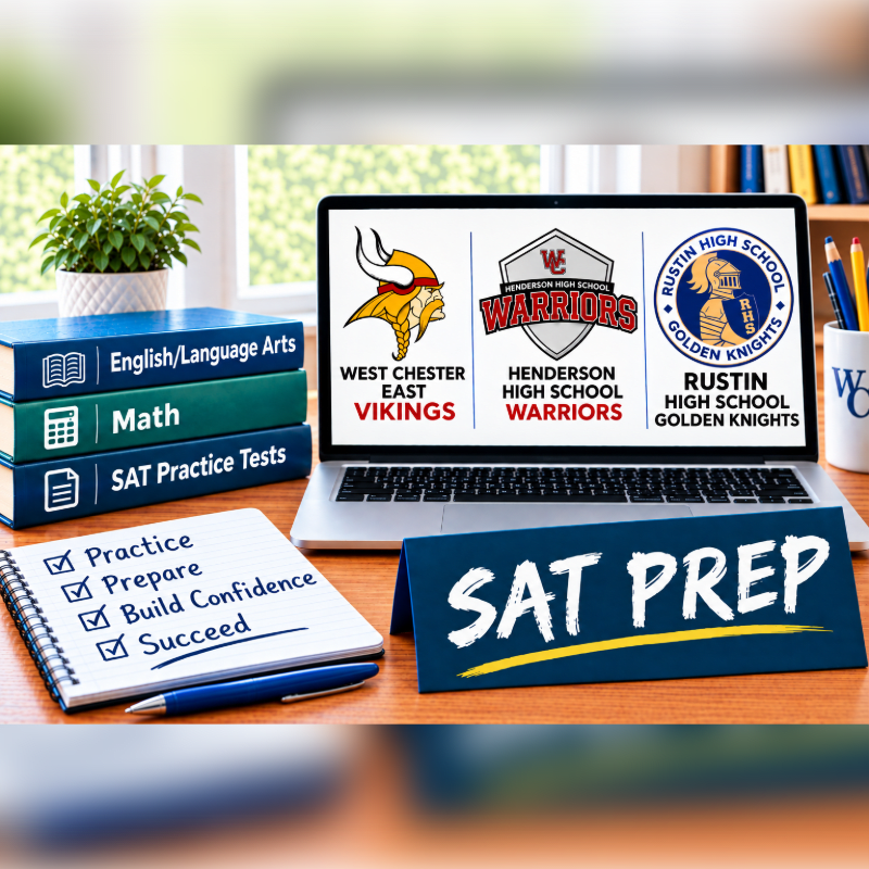 An "SAT PREP" sign, a notebook, and a laptop displaying high school logos sit on a desk in front of a stack of textbooks and a small potted plant.