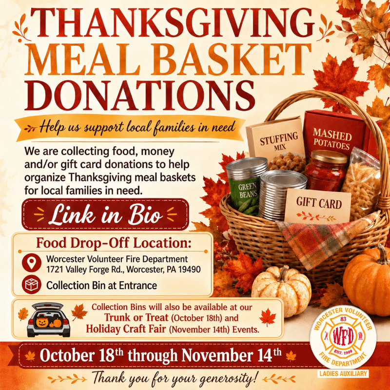 A promotional flyer for Thanksgiving meal basket donations features a basket of food items in the foreground against a background of autumn leaves and event details.