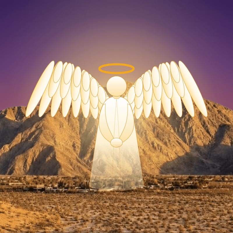A glowing, stylized angel with a halo stands in a desert landscape against a backdrop of rugged mountains and a purple sky.