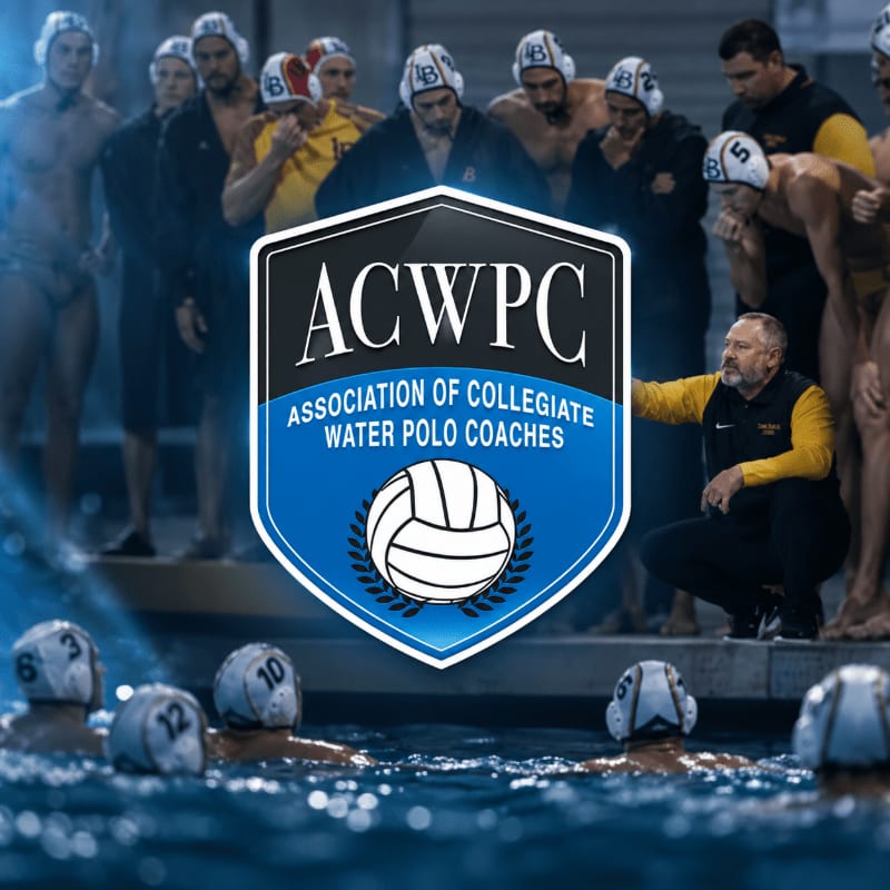 A large ACWPC logo is centered over a group of water polo players and a coach standing poolside, with players swimming in the foreground.
