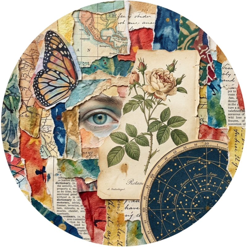 A collage featuring a butterfly, a single eye, and a rose in the foreground set against a background of vintage maps, dictionary pages, and a celestial star chart.