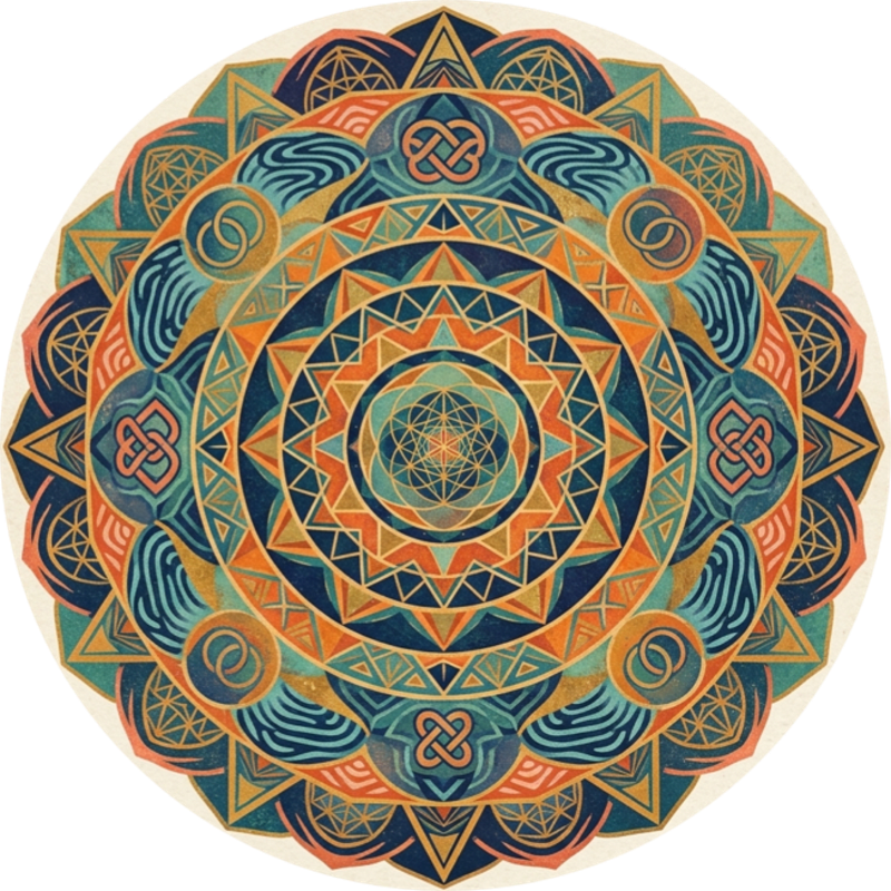 An intricate, colorful mandala with geometric patterns and Celtic knots in the foreground set against a plain white background.