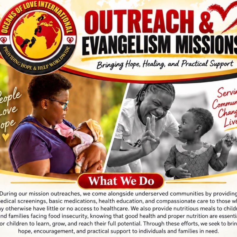 A woman holding a baby and a woman interacting with a child are featured in the foreground, set against a background of promotional text and organizational branding.