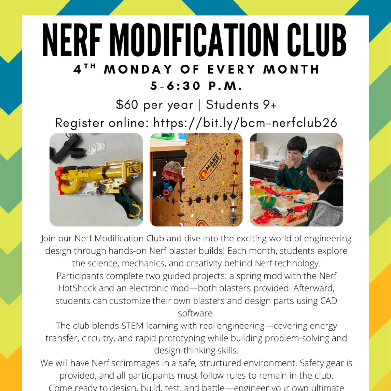 A promotional flyer for a Nerf Modification Club features bold black text and three photos in the foreground, set against a white background with bright yellow and blue borders.