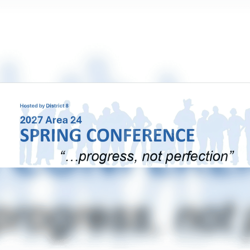 Blue text for a "2027 Area 24 Spring Conference" and the quote "...progress, not perfection" are layered over silhouettes of people against a plain white background.