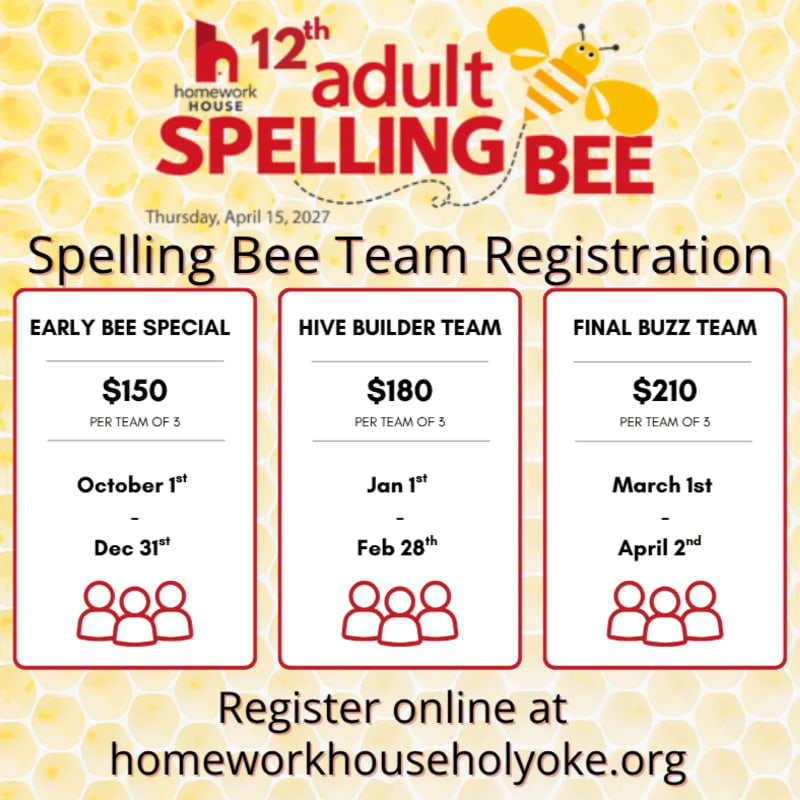 Registration details for an adult spelling bee are displayed in the foreground against a yellow honeycomb background.
