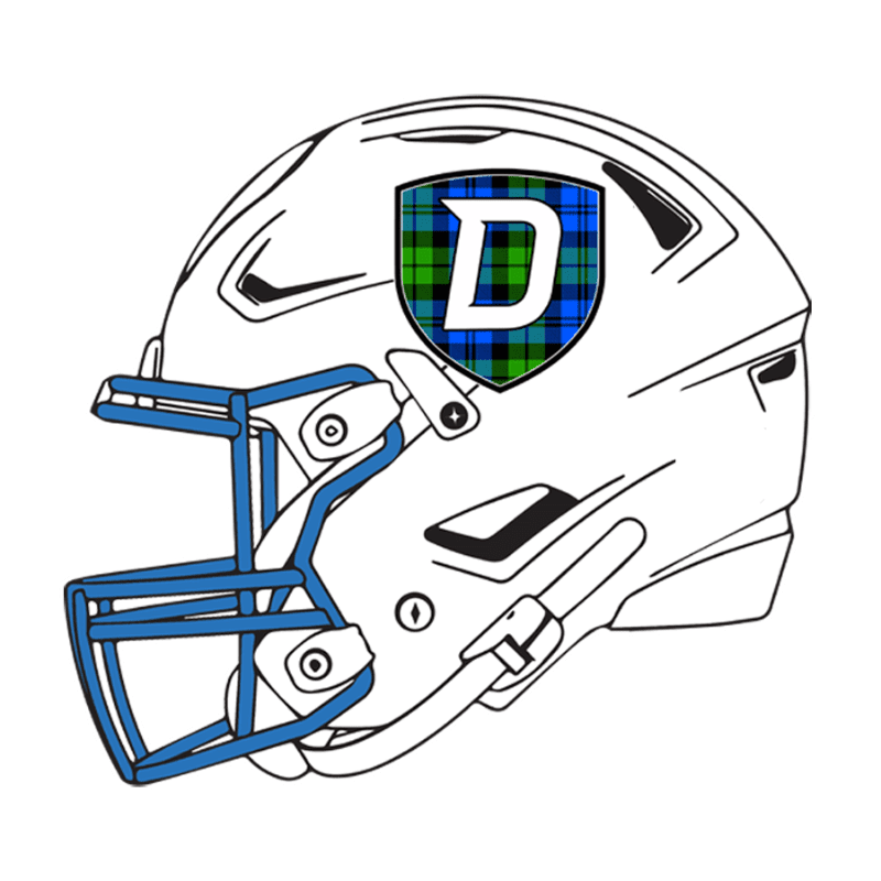 A white football helmet with a blue face mask and a plaid "D" logo sits against a plain white background.