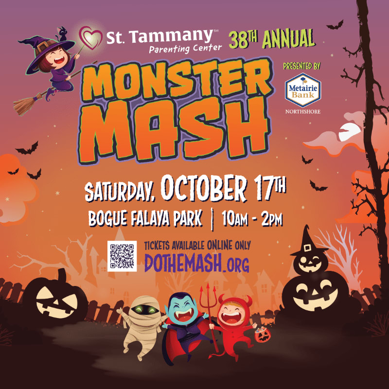 Cartoon monsters and carved pumpkins occupy the foreground of a Halloween event flyer set against a spooky orange sunset background with silhouettes of bats and bare trees.