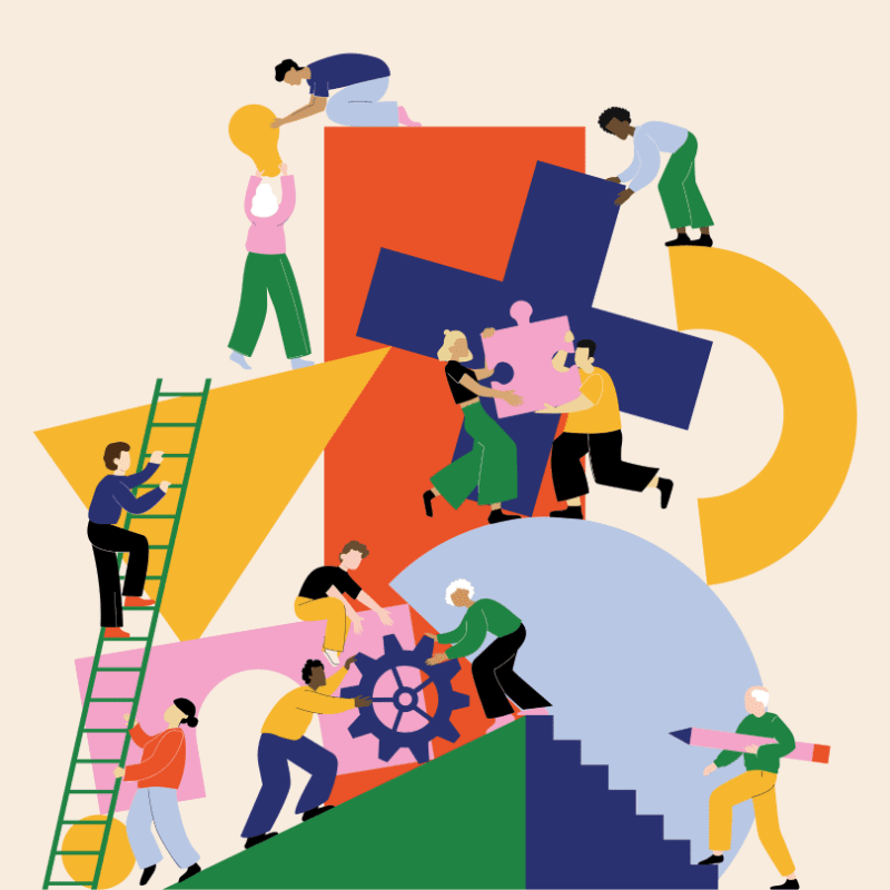 Stylized figures collaborate to assemble large, colorful geometric shapes and puzzle pieces against a plain, light-beige background.