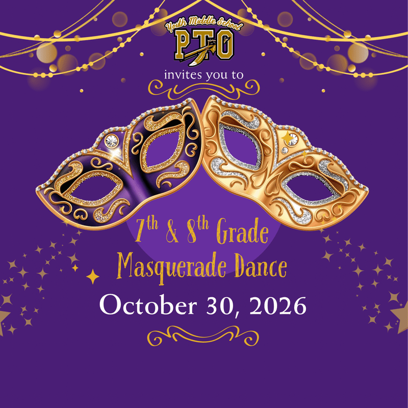 Two ornate masquerade masks sit in the foreground of a purple background featuring gold decorative swirls and event text.