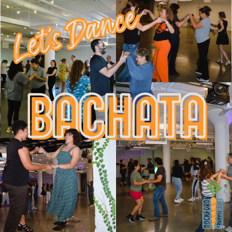 A collage of people dancing Bachata in a bright studio is overlaid with the text "Let's Dance BACHATA" in orange and white.