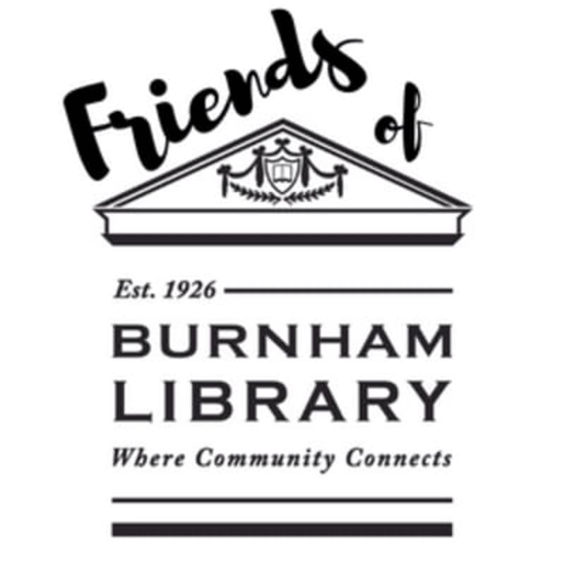 Black text on a white background displays "Friends of" above a pediment with a crest, followed by "Est. 1926 BURNHAM LIBRARY Where Community Connects" and two horizontal lines.