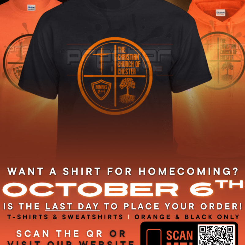 A black t-shirt with a circular orange logo sits in the foreground against a background of orange shirts and promotional text.