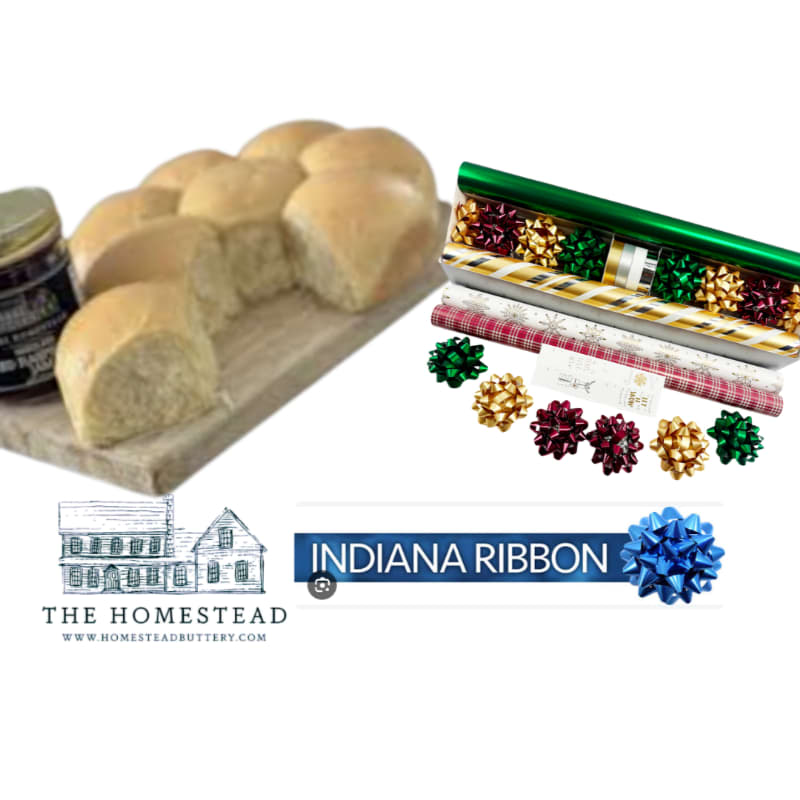 A loaf of pull-apart bread and a jar of jam sit on a wooden board in the foreground, with colorful gift ribbons and a company logo in the background.