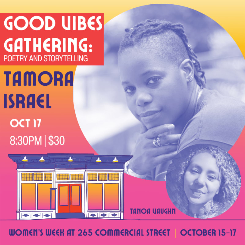 A promotional flyer for a poetry and storytelling event features portraits of Tamora Israel and Tanoa Vaughn in the foreground against a vibrant yellow and pink background with event details and an illustration of a building.
