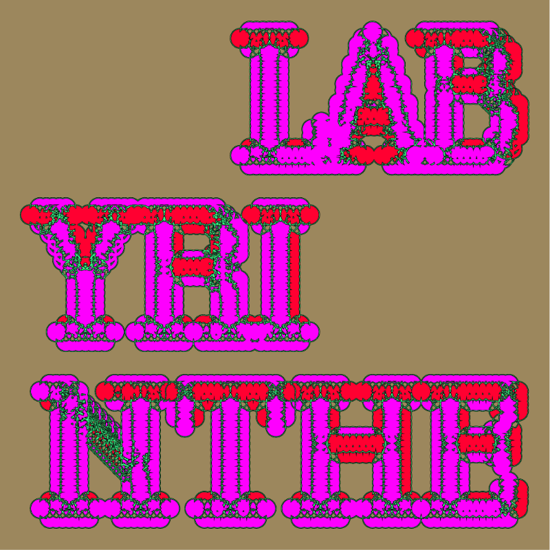 Bright pink and red stylized text reading "LABYRINTH" is set against a solid brown background.