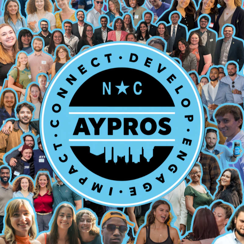 A circular blue and black "AYPROS" logo is centered over a collage of diverse people's portraits.