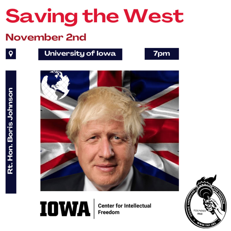 A portrait of Boris Johnson set against the Union Jack flag is centered on a promotional flyer for a "Saving the West" event at the University of Iowa.