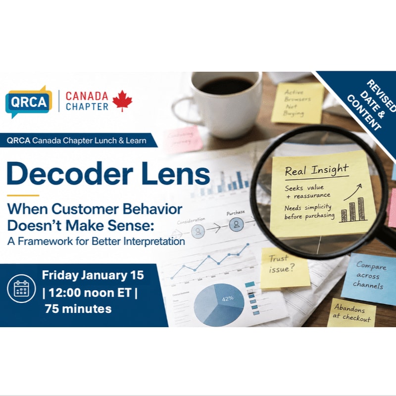 A magnifying glass focuses on a yellow sticky note in the foreground, set against a background of business charts, a coffee cup, and promotional text for a QRCA Canada Chapter event.