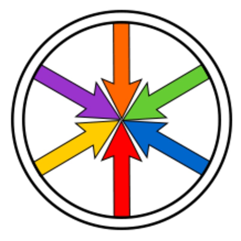Six colorful arrows point toward the center of a white circular background enclosed by a black border.