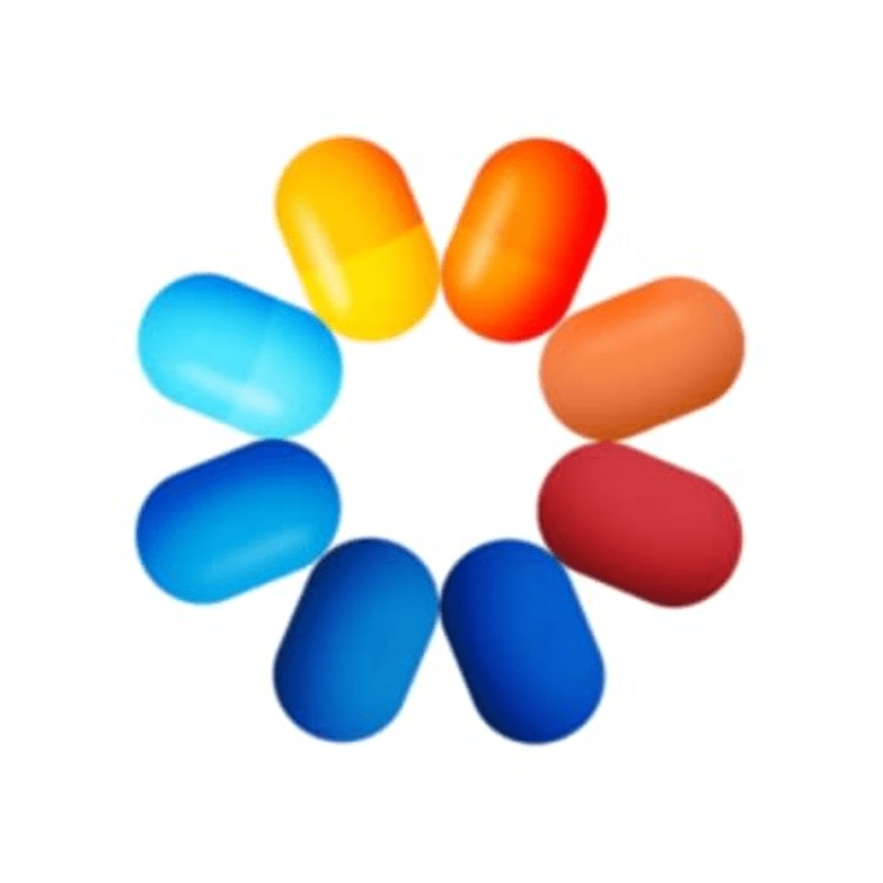 Eight colorful, pill-shaped capsules are arranged in a circular pattern against a plain white background.