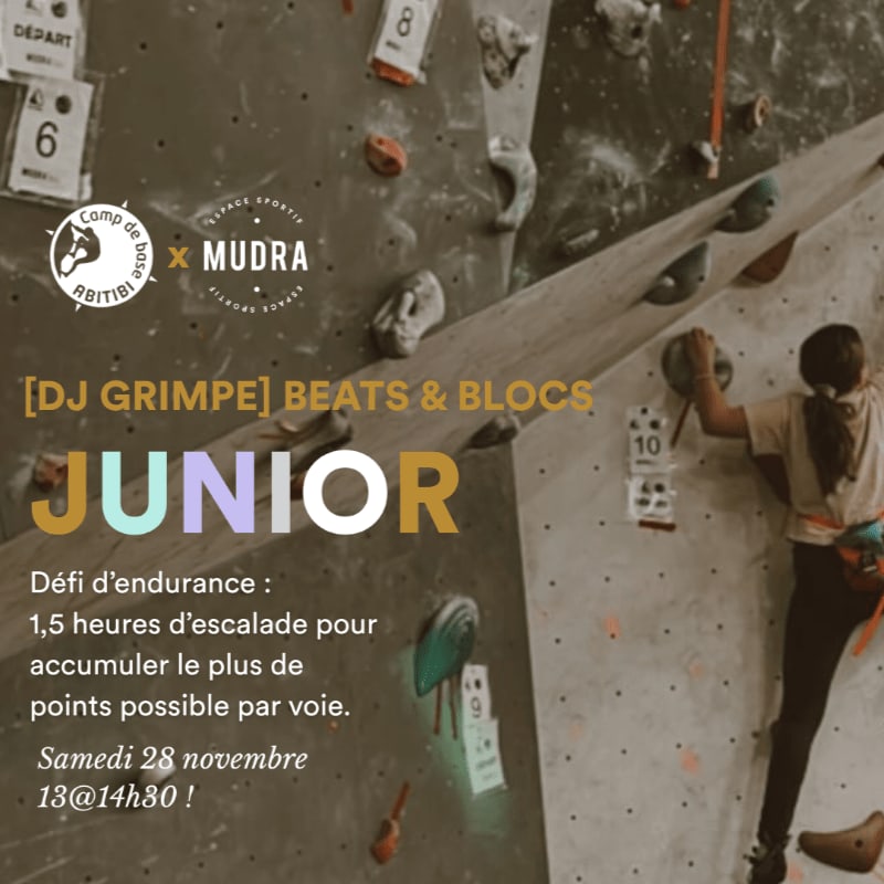 Text promoting a junior climbing event is overlaid on a foreground image of a climber on a wall with various holds in the background.