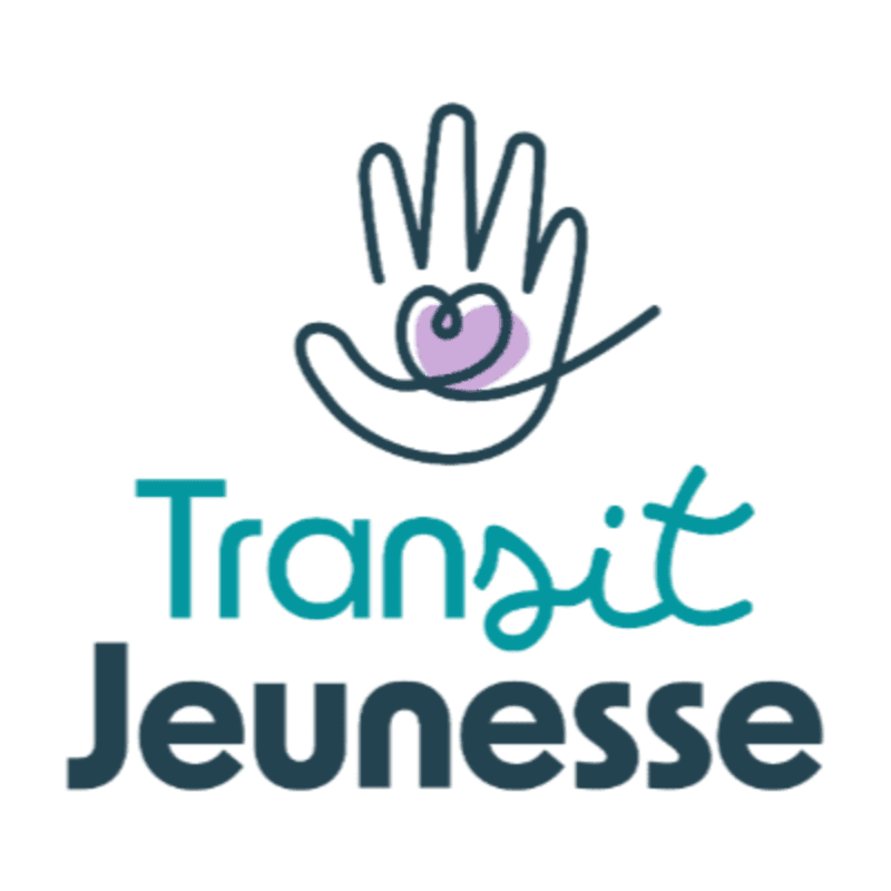 A logo featuring a stylized hand holding a purple heart above the text "Transit Jeunesse" set against a plain white background.