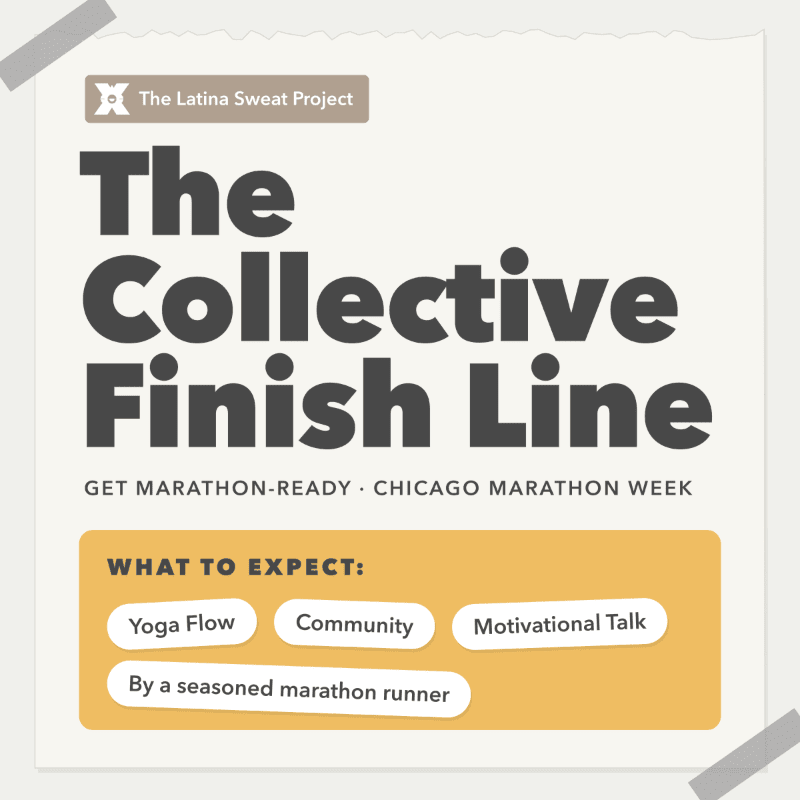 Bold black text announcing "The Collective Finish Line" event sits on a white paper-like background held down by grey tape.