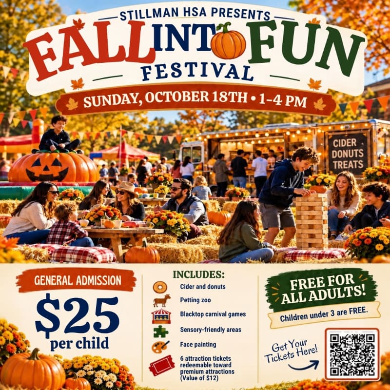 A colorful fall festival advertisement features people enjoying outdoor activities and autumn decorations in the foreground, with a festive fairground and golden autumn trees in the background.