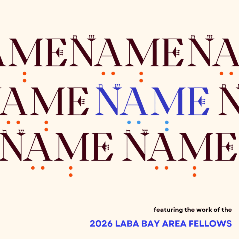 Repeating words of "NAME" in dark red and blue with small decorative icons are layered over a cream-colored background with text at the bottom.