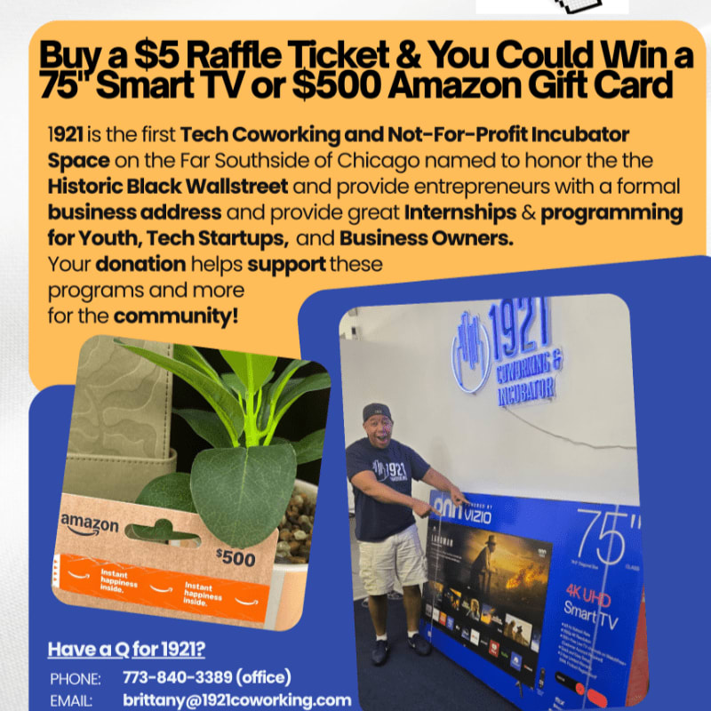 A promotional flyer features a man standing next to a large TV and an Amazon gift card in the foreground, set against a yellow and blue background with text about a raffle for a tech coworking space.