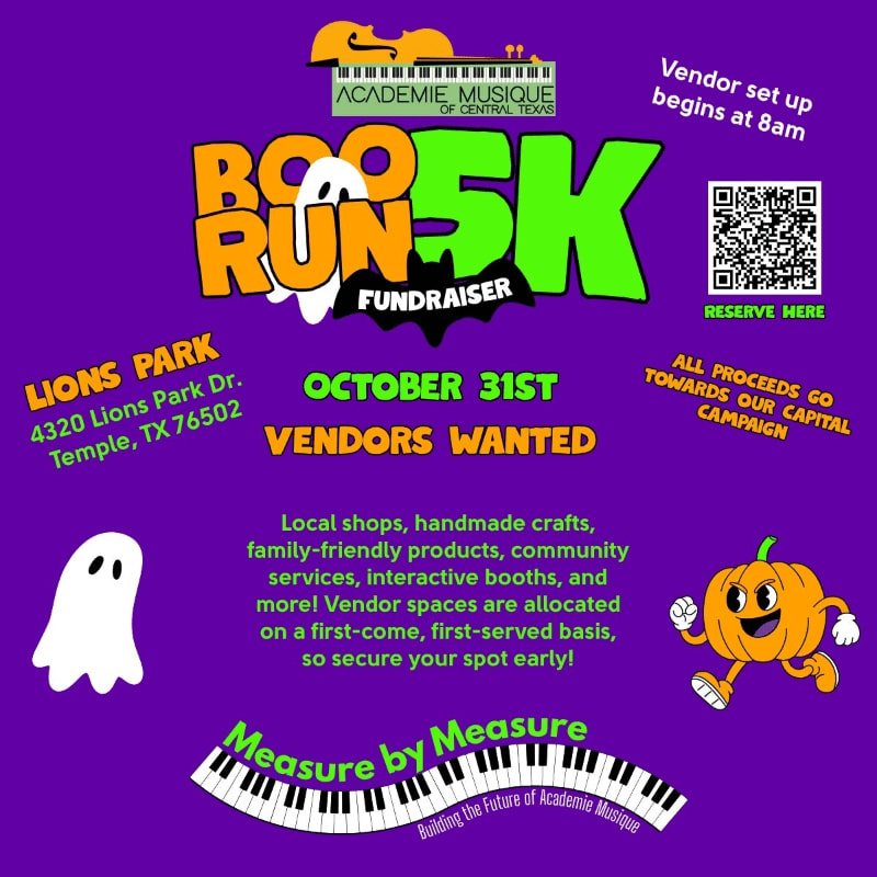 Colorful text and cartoon ghosts and pumpkins promote a "Boo Run 5K" fundraiser on a solid purple background.