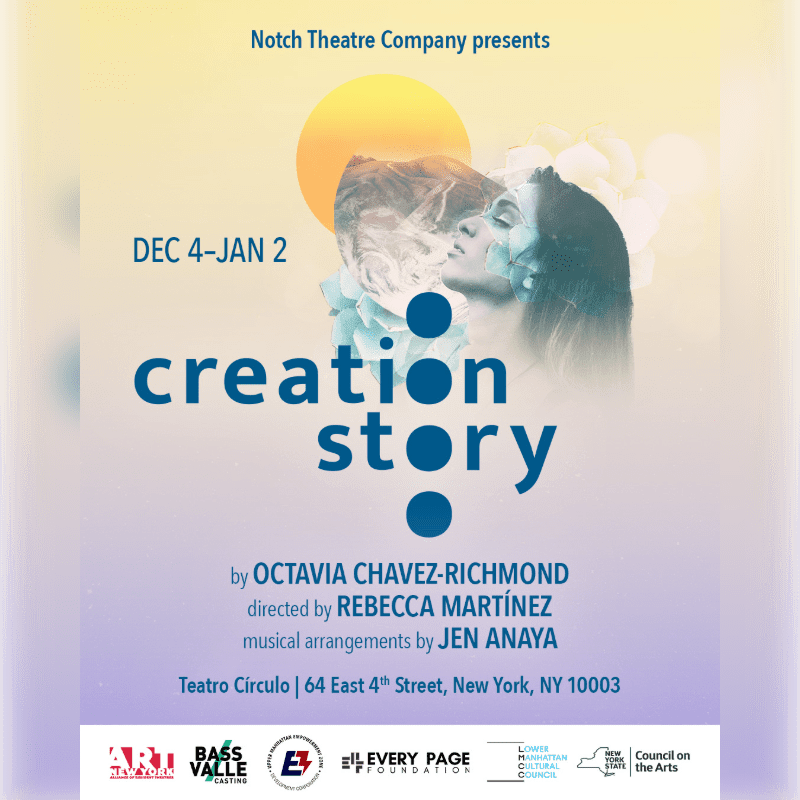 A promotional poster for the play "creation story" features a woman's profile and floral elements in the foreground against a soft yellow and purple gradient background with a large sun.