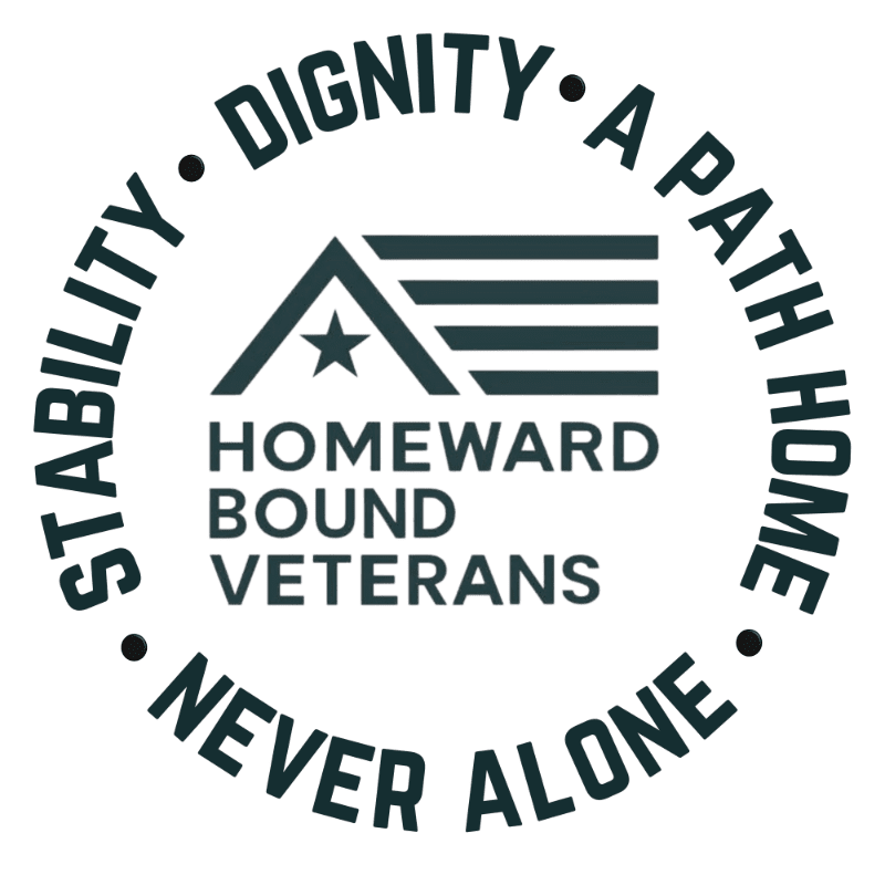 A dark teal logo featuring a stylized house and star with the text "HOMEWARD BOUND VETERANS" is centered within a circular border of words against a plain white background.
