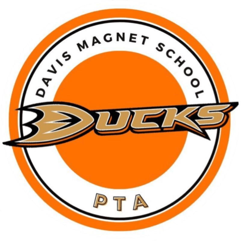 The word "DUCKS" in a stylized font sits in the foreground of a circular logo featuring an orange center and a white border containing the text "DAVIS MAGNET SCHOOL" and "PTA".