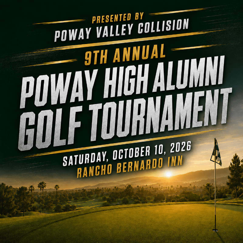 Bold white and gold text announcing a golf tournament overlays a scenic view of a sunlit golf course with a flagstick in the foreground.