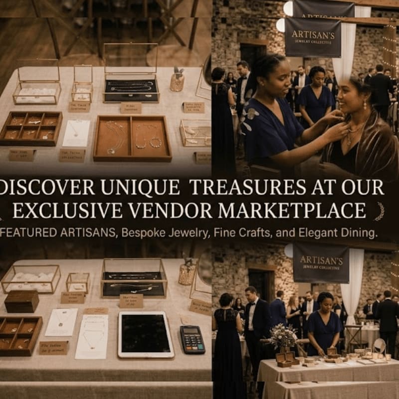 Jewelry displays sit in the foreground, while people browse an artisan marketplace in the background.