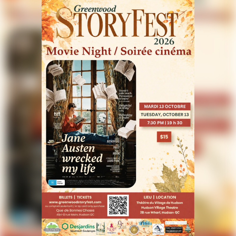 A movie poster for "Jane Austen Wrecked My Life" features a woman reading in a window in the foreground, set against a background of autumn leaves and event details for the Greenwood Storyfest 2026.