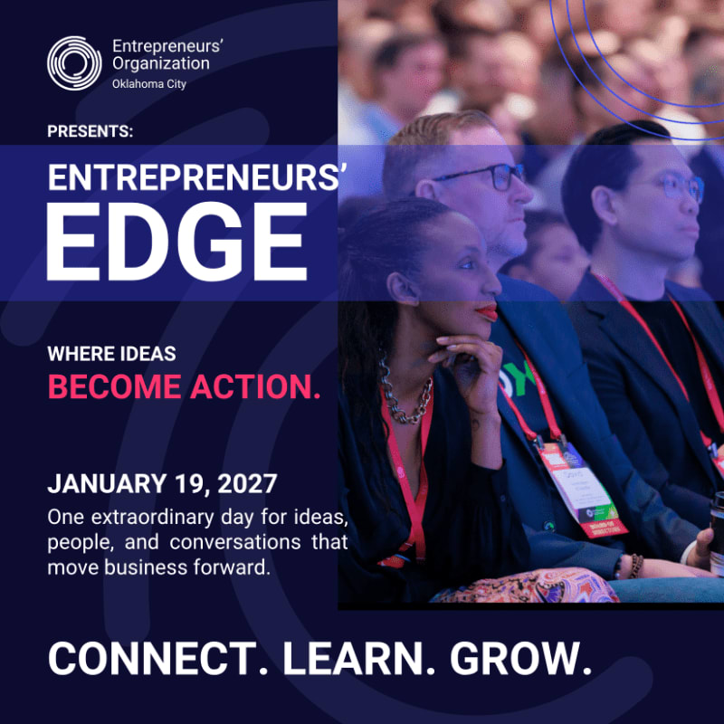White and red event text for "Entrepreneurs' Edge" sits in the foreground against a dark blue background, while a blurred group of diverse professionals attending a conference fills the right side.