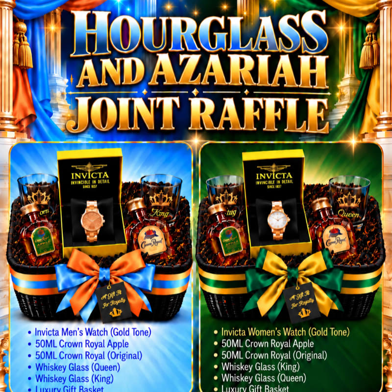Two luxury gift baskets containing gold watches, Crown Royal liquor, and whiskey glasses are displayed in the foreground against a backdrop of gold text and royal curtains.
