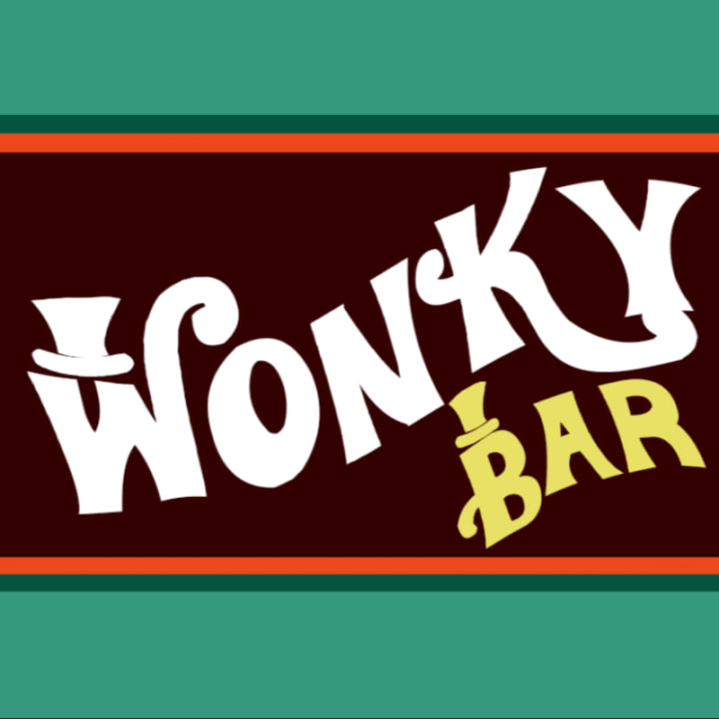 Stylized white and yellow text reading "WONKY BAR" sits in the foreground against a dark brown rectangular strip bordered by green bands.