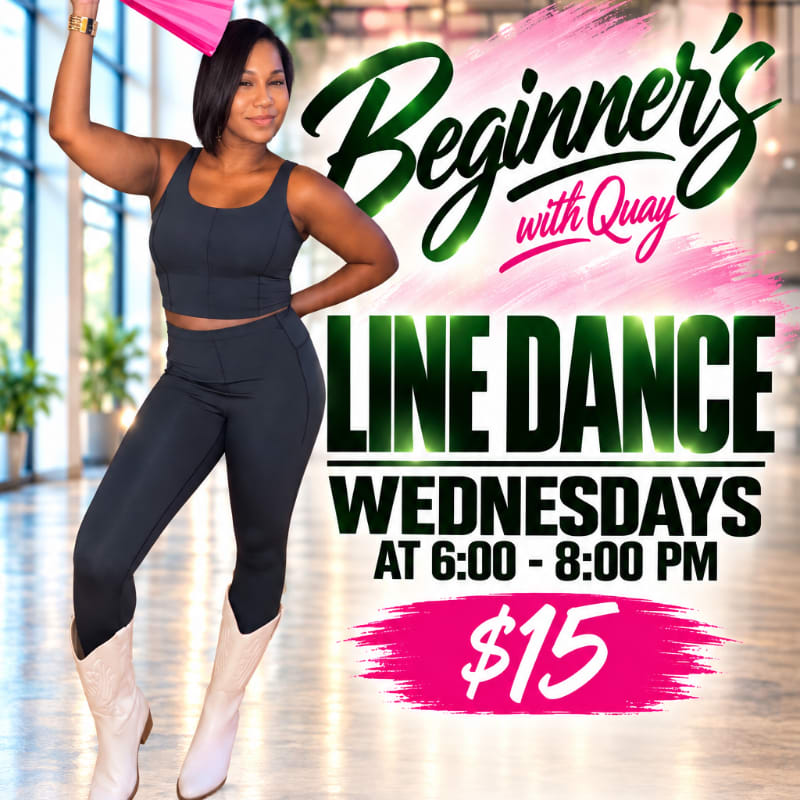 A woman in black athletic wear and white boots poses next to dance class text in a bright, modern indoor space.