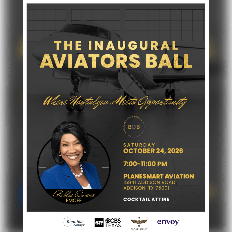 A promotional flyer for "The Inaugural Aviators Ball" features a portrait of emcee Robbie Owens in the foreground against a background of a private jet inside a hangar.