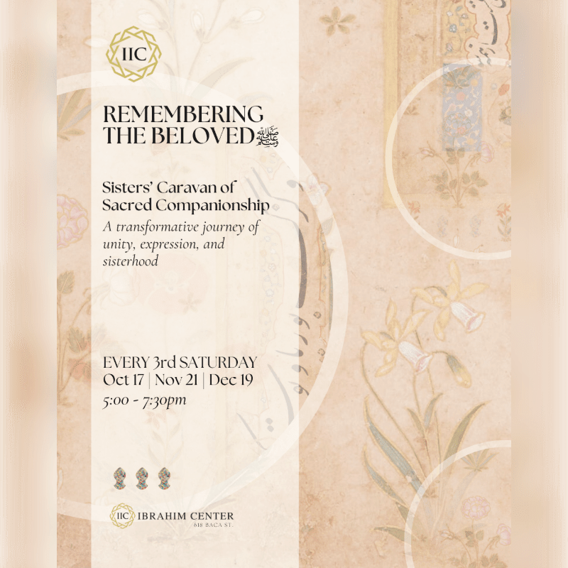 An event flyer for "Remembering the Beloved" is set against a soft, beige background featuring delicate floral illustrations and circular motifs.