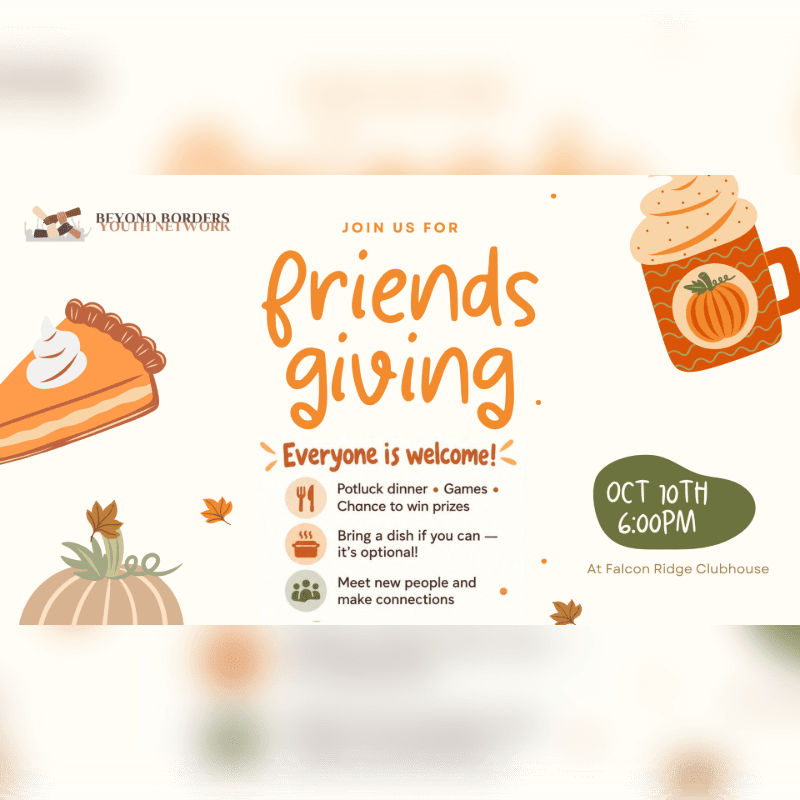 An invitation for a "Friendsgiving" event features autumn-themed illustrations of a pie, a pumpkin, and a coffee mug against a clean white background.